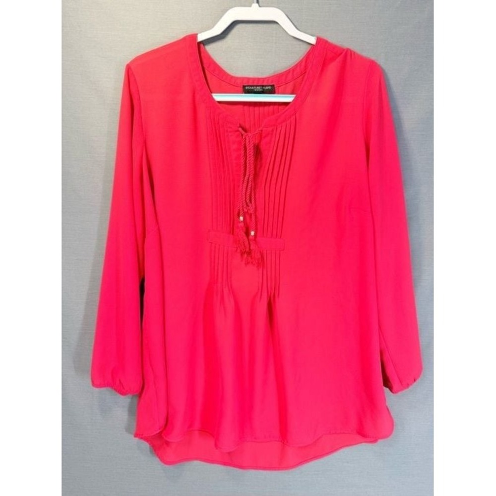 Signature Studio Bright Pink Pleated Boho Tunic Top Sheer Chiffon Blouse Size 2